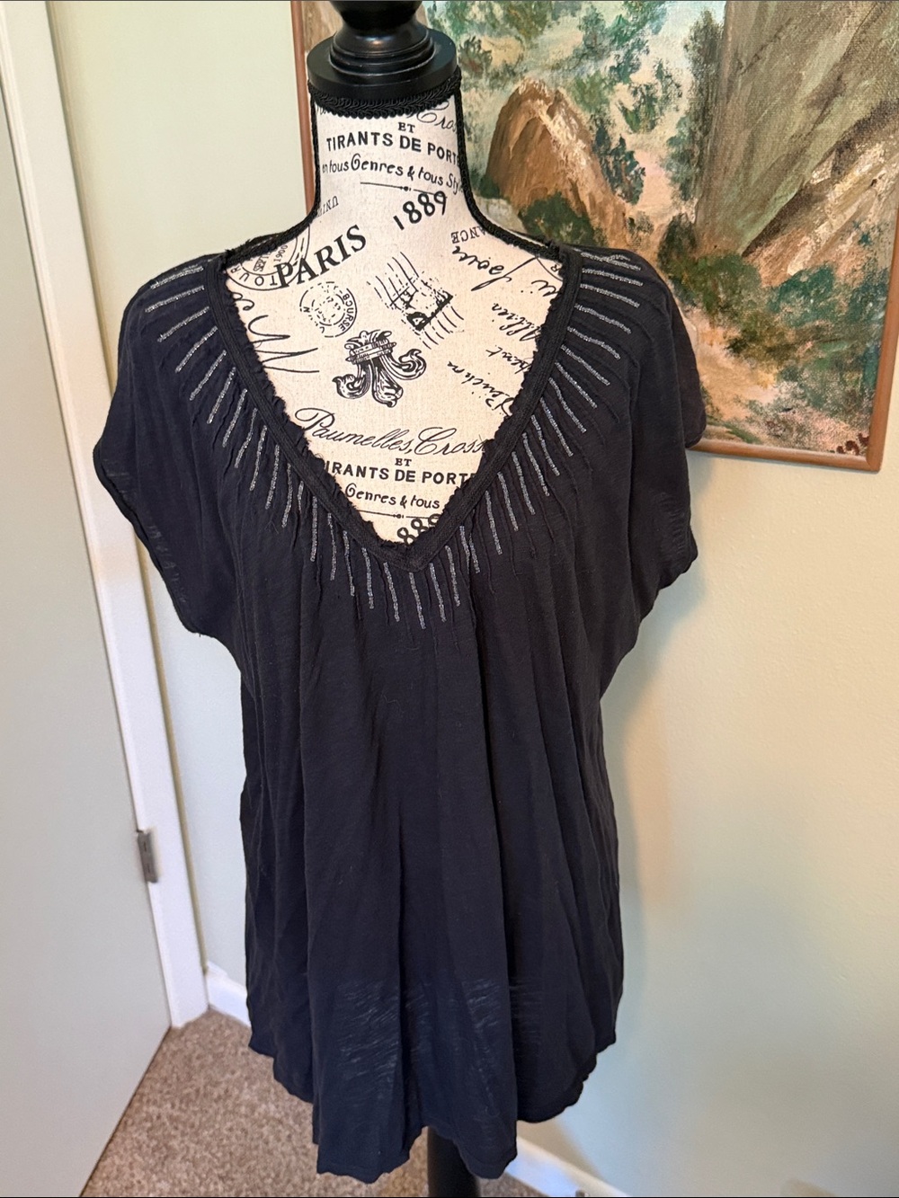 Calvin Klein Jeans Black V-Neck Short Sleeve Tunic with Neckline Detailing XL